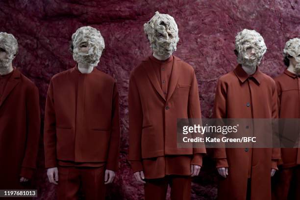 Models walk the runway at the Omar Afridi Presentation during London Fashion Week Men's January 2020 at the Dray Walk Gallery on January 05, 2020 in...