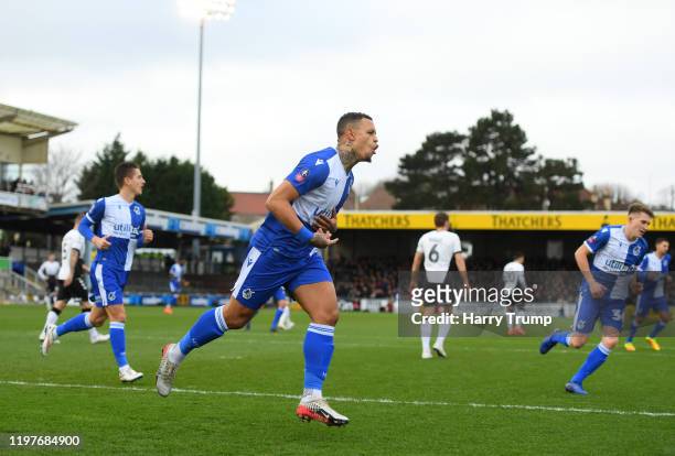 Jonson Clarke-Harris of Bristol Rovers celebrates after scoring his team's first goal during the FA Cup Third Round match between Bristol Rovers and...