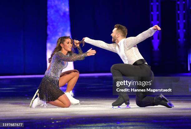 Sarah Lombardi and Joti Polizoakis attend the "Holiday On Ice" premiere at Olympiahalle on January 05, 2020 in Munich, Germany.