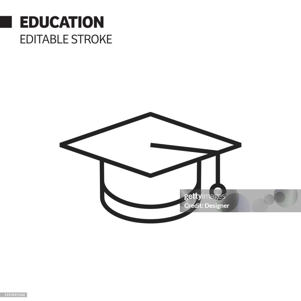 Utbildning och examen linje ikon, kontur vektor symbol illustration. Pixel perfekt, redigerbar stroke.