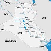Political map of the Republic of Iraq with the most important cities marked in gray and blue tones