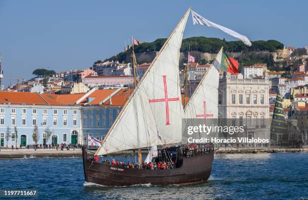 Portuguese caravel Vera Cruz sails in the Tagus River on January 05, 2020 in Lisbon, Portugal. The caravel is owned by the Portuguese Sailing...
