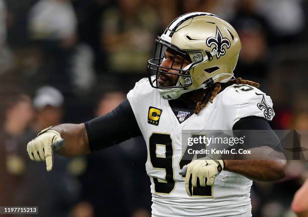 Cameron Jordan of the New Orleans Saints celebrates after a sack during the fourth quarter against the Minnesota Vikings in the NFC Wild Card Playoff...