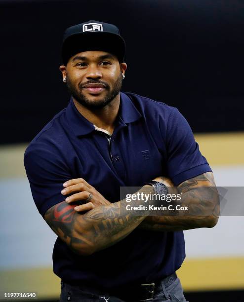 Former NFL wide receiver Steve Smith Sr. Looks on before the NFC Wild Card Playoff game at Mercedes Benz Superdome on January 05, 2020 in New...