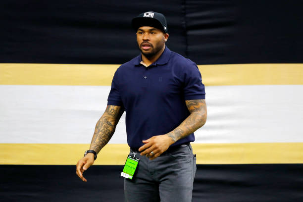 Former NFL wide receiver Steve Smith Sr. Looks on before the NFC Wild Card Playoff game at Mercedes Benz Superdome on January 05, 2020 in New...