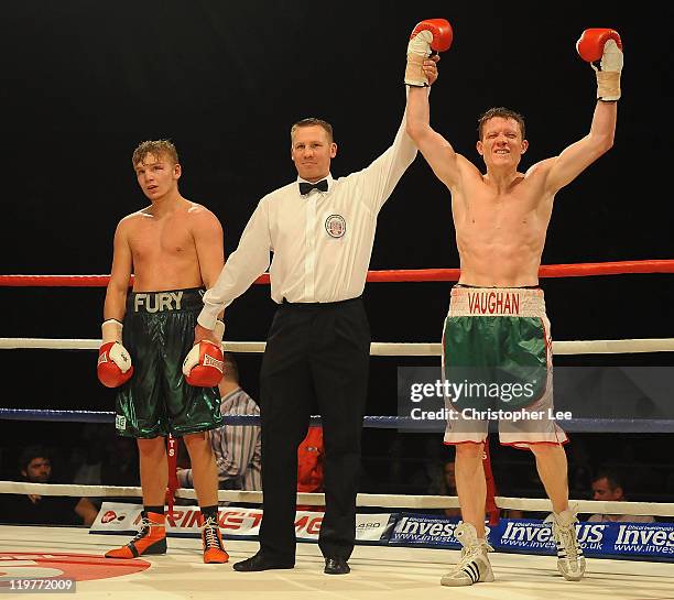 Peter Vaughan celebrates his victory over Phill Fury during the Light Middleweight Fight between Phill Fury and Peter Vaughan at Wembley Arena on...