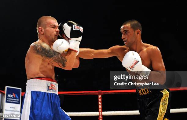 Kid Galahad in action against Pavels Senkovs during the Bantamweight fight between Kid Galahad and Pavels Senkovs at Wembley Arena on July 23, 2011...