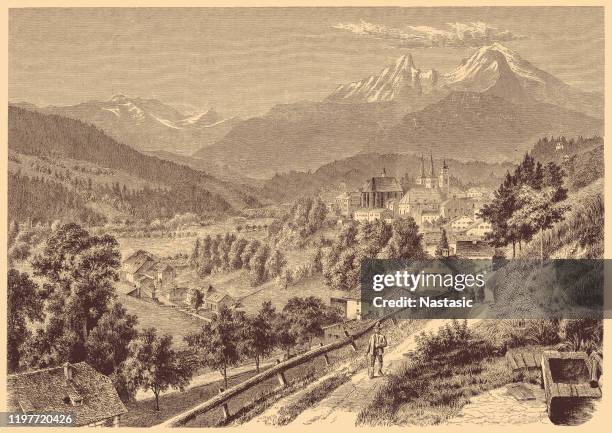 historical view of berchtesgaden, bavarian alps, germany - watzmann stock illustrations