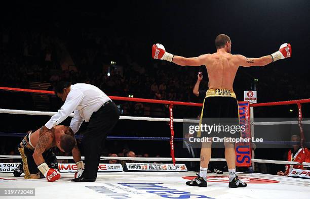 Ryan Toms celebrates his victory over Pat McAleese during the Southern Area Light Middleweight Title fight between Ryan Toms and Pat McAleese at...