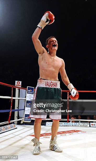 Peter Vaughan celebrates his victory over Phill Fury during the Light Middleweight Fight between Phill Fury and Peter Vaughan at Wembley Arena on...