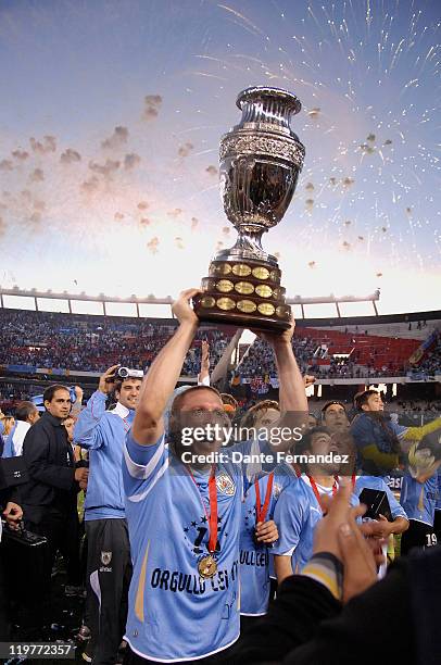 Diego Perez of Uruguay celebrates the Championship of the Copa America 2011 Final match between Uruguay and Paraguay at Monumental de River Stadium...