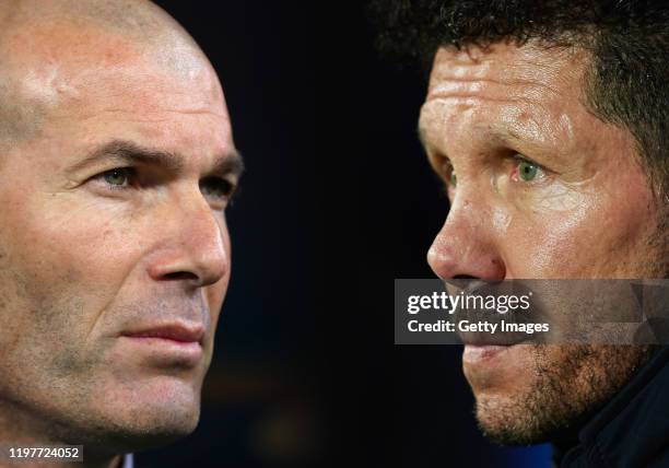 In this composite image a comparison has been made between Zinedine Zidane, Manager of Real Madrid and Diego Simeone head coach of Club Atletico de...