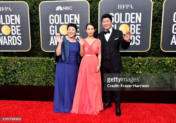 Lee Jeong-eun, Cho Yeo-jeong, and Song Kang-ho attend the 77th Annual Golden Globe Awards at The Beverly Hilton Hotel on January 05, 2020 in Beverly...