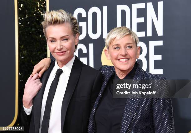 Portia de Rossi and Ellen DeGeneres attend the 77th Annual Golden Globe Awards at The Beverly Hilton Hotel on January 05, 2020 in Beverly Hills,...