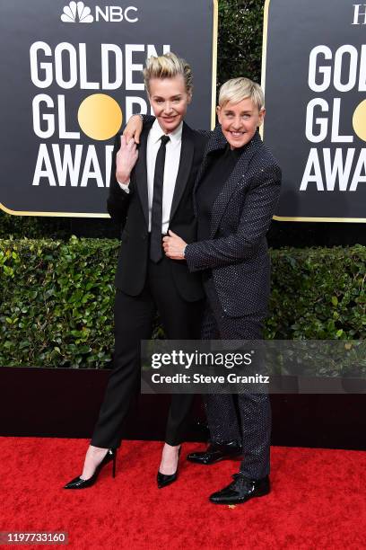 Portia de Rossi and Ellen DeGeneres attend the 77th Annual Golden Globe Awards at The Beverly Hilton Hotel on January 05, 2020 in Beverly Hills,...