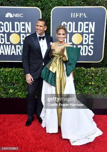 Alex Rodriguez and Jennifer Lopez attend the 77th Annual Golden Globe Awards at The Beverly Hilton Hotel on January 05, 2020 in Beverly Hills,...