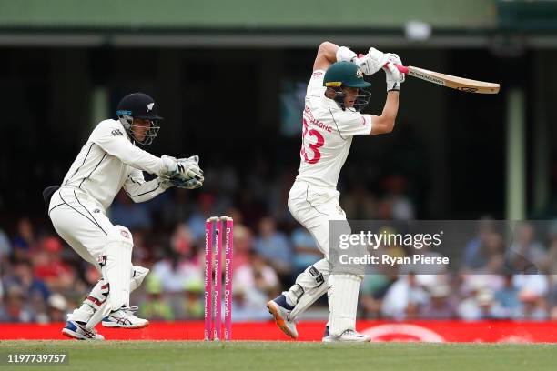 Marnus Labuschagne of Australia bats as BJ Watling of New Zealand keeps wicket during day four of the Third Test Match in the series between...