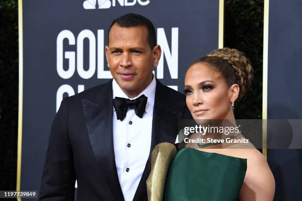 Alex Rodriguez and Jennifer Lopez attend the 77th Annual Golden Globe Awards at The Beverly Hilton Hotel on January 05, 2020 in Beverly Hills,...
