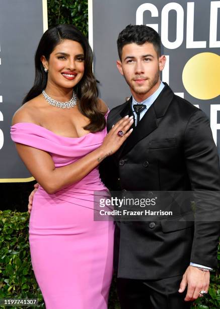 Priyanka Chopra Jonas and Nick Jonas attend the 77th Annual Golden Globe Awards at The Beverly Hilton Hotel on January 05, 2020 in Beverly Hills,...