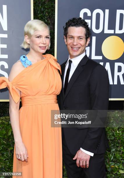 Michelle Williams and Thomas Kail attend the 77th Annual Golden Globe Awards at The Beverly Hilton Hotel on January 05, 2020 in Beverly Hills,...