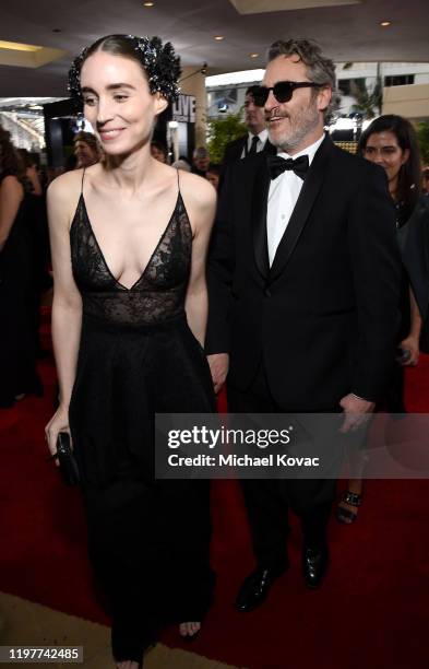 Rooney Mara and Joaquin Phoenix attend the 77th Annual Golden Globe Awards at The Beverly Hilton Hotel on January 05, 2020 in Beverly Hills,...