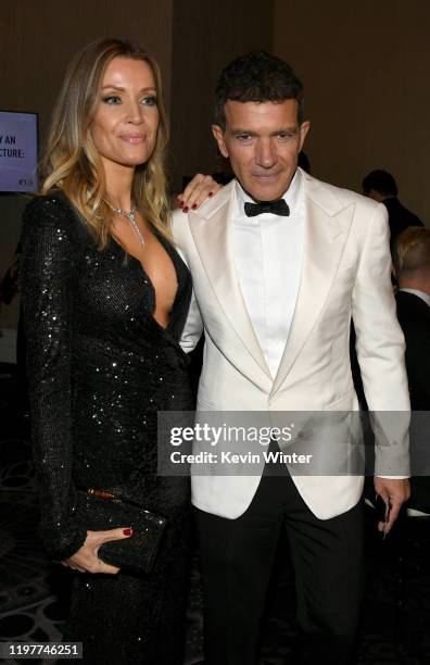 Nicole Kimpel and Antonio Banderas attend the 77th Annual Golden Globe Awards Cocktail Reception at The Beverly Hilton Hotel on January 05, 2020 in...