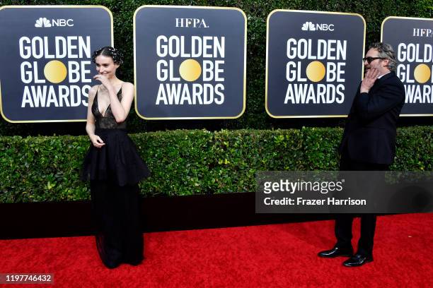 Rooney Mara and Joaquin Phoenix attend the 77th Annual Golden Globe Awards at The Beverly Hilton Hotel on January 05, 2020 in Beverly Hills,...
