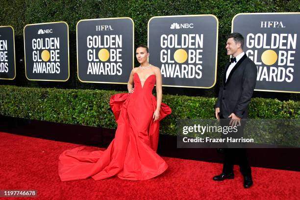 Scarlett Johansson and Colin Jost attend the 77th Annual Golden Globe Awards at The Beverly Hilton Hotel on January 05, 2020 in Beverly Hills,...