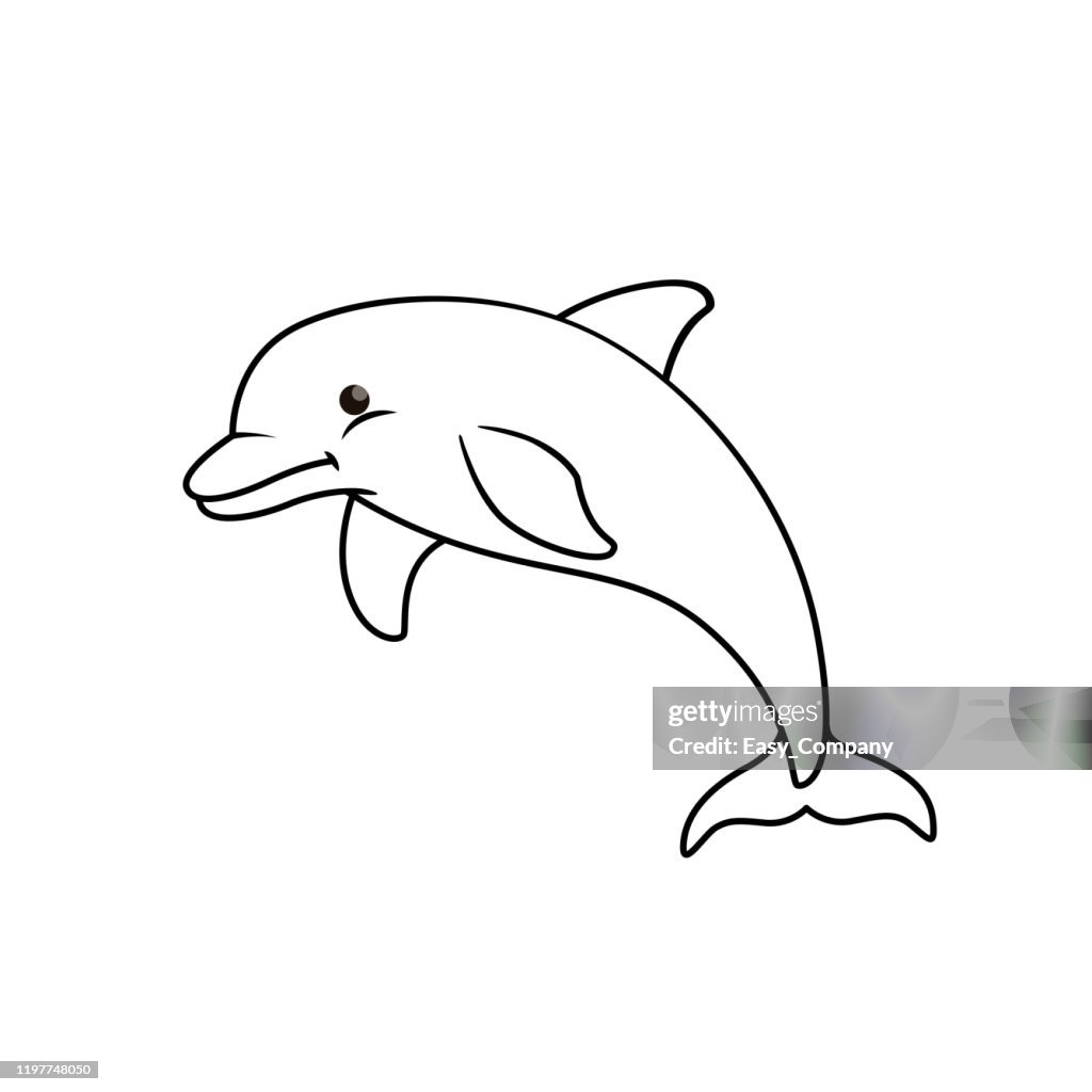 Vector illustration of dolphin isolated on white background. For kids coloring book.