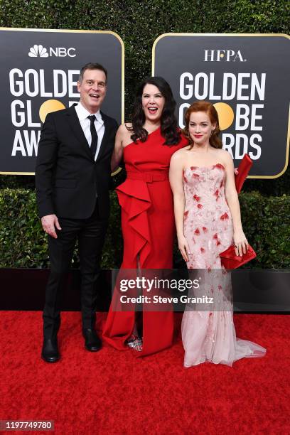 Peter Krause, Lauren Graham and Jane Levy attend attends the 77th Annual Golden Globe Awards at The Beverly Hilton Hotel on January 05, 2020 in...