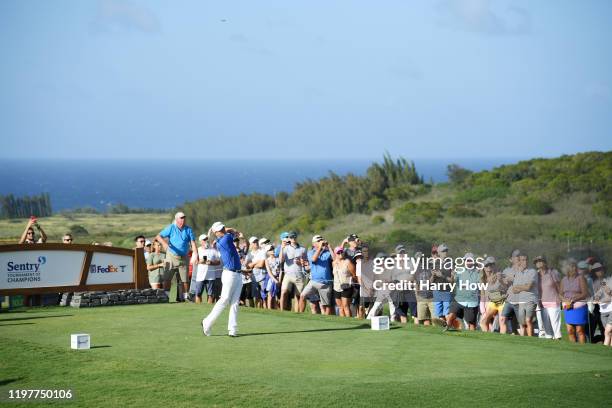 Justin Thomas of the United States plays his shot from the 14th tee during the final round of the Sentry Tournament Of Champions at the Kapalua...