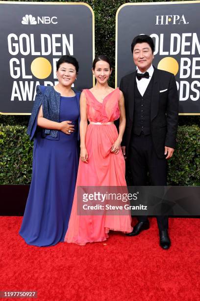 Lee Jeong-eun, Cho Yeo-jeong, and Song Kang-ho attend the 77th Annual Golden Globe Awards at The Beverly Hilton Hotel on January 05, 2020 in Beverly...
