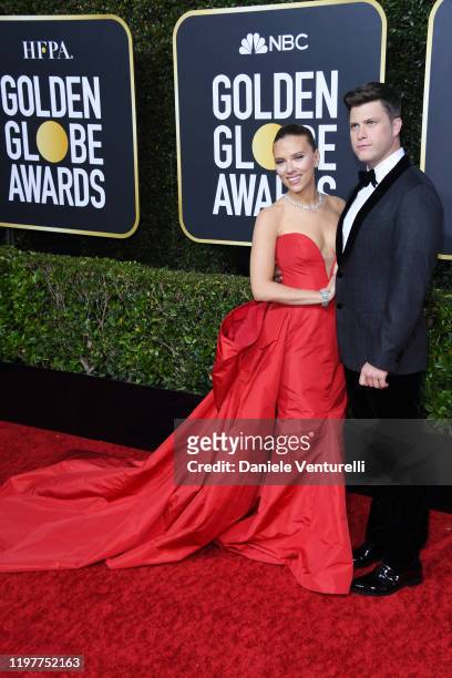 Scarlett Johansson and Colin Jost attend the 77th Annual Golden Globe Awards at The Beverly Hilton Hotel on January 05, 2020 in Beverly Hills,...
