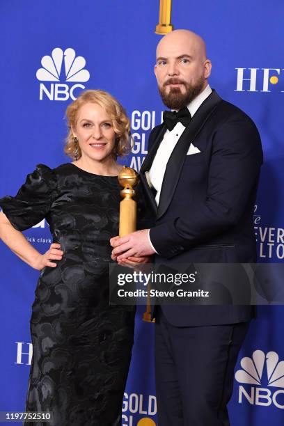 Arianne Sutner and Chris Butler pose in the press room during the 77th Annual Golden Globe Awards at The Beverly Hilton Hotel on January 05, 2020 in...