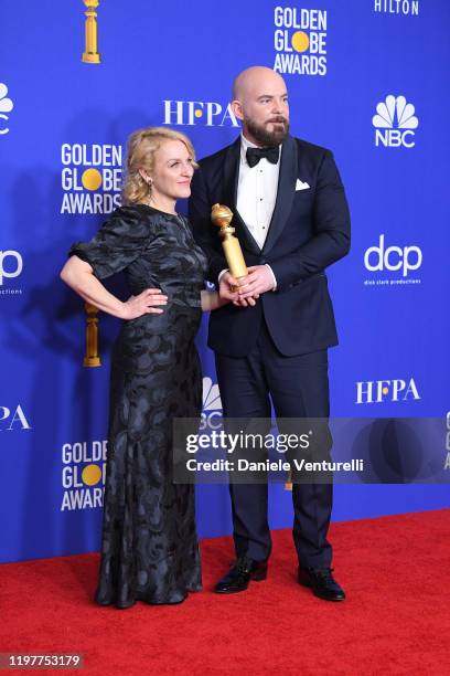 Arianne Sutner and Chris Butler pose in the press room during the 77th Annual Golden Globe Awards at The Beverly Hilton Hotel on January 05, 2020 in...