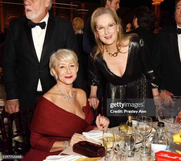 Helen Mirren and Meryl Streep attend the 77th Annual Golden Globe Awards sponsored by Icelandic Glacial on January 5, 2020 at the Beverly Hilton in...