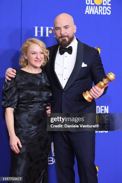 Arianne Sutner and Chris Butler pose in the press room during the 77th Annual Golden Globe Awards at The Beverly Hilton Hotel on January 05, 2020 in...