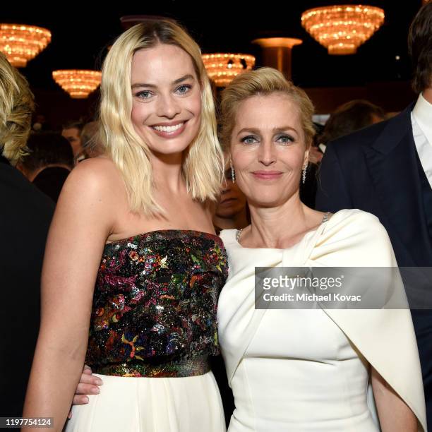 Margot Robbie and Gillian Anderson attend the 77th Annual Golden Globe Awards at The Beverly Hilton Hotel on January 05, 2020 in Beverly Hills,...
