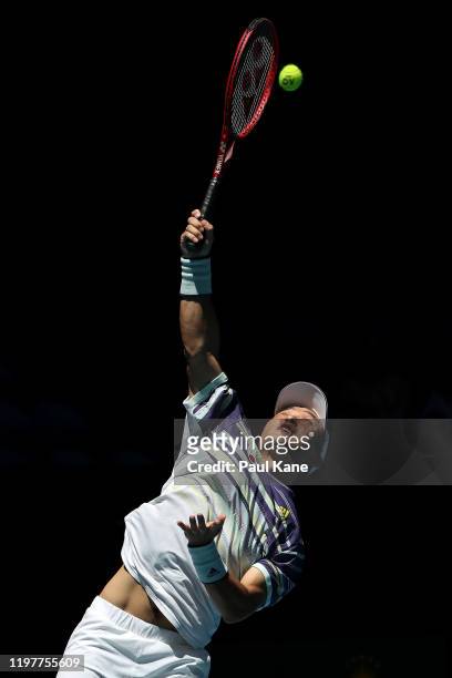 Go Soeda of Team Japan serves to Aleksandre Metreveli of Team Georgia during day four of the 2019 ATP Cup Group Stage at RAC Arena on January 06,...