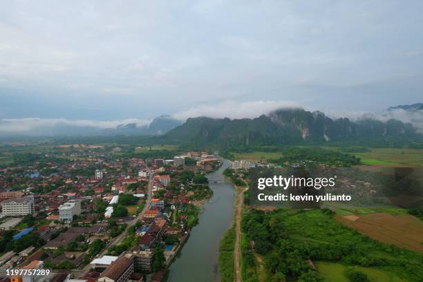 aerial view of vang vieng landscape, laos - vang vieng balloon stock pictures, royalty-free photos & images