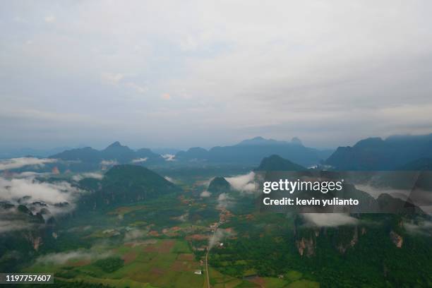 aerial view of vang vieng landscape, laos - vang vieng balloon stock pictures, royalty-free photos & images