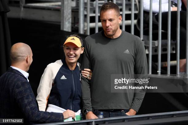 Caroline Wozniacki and husband David Lee looks on during day one of the 2020 ASB Classic at ASB Tennis Centre on January 06, 2020 in Auckland, New...