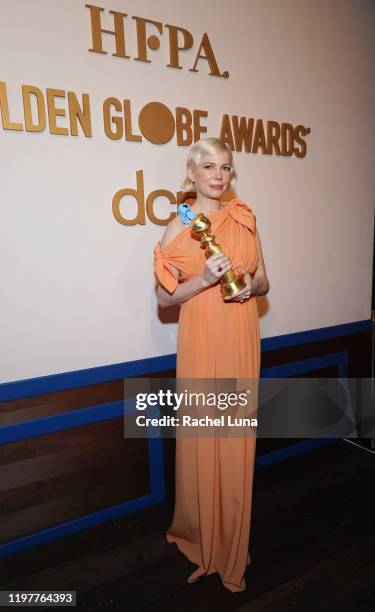 Michelle Williams poses with Golden Globe award for Actress In A Mini-series or Motion Picture for TV for "Fosse/Verdon" at the Official Viewing And...