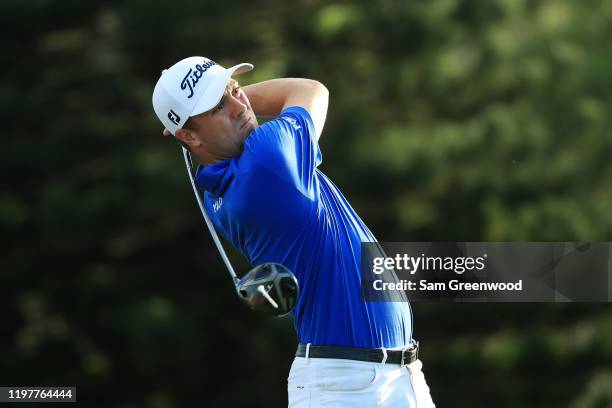 Justin Thomas of the United States plays his shot from the 18th tee during the final round of the Sentry Tournament Of Champions at the Kapalua...