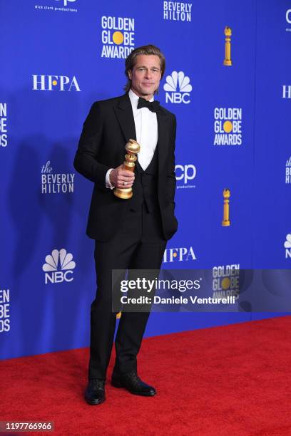 Brad Pitt poses in the press room during the 77th Annual Golden Globe Awards at The Beverly Hilton Hotel on January 05, 2020 in Beverly Hills,...