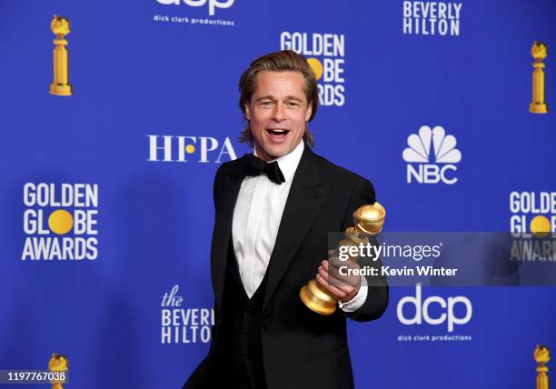 Brad Pitt, winner of Best Performance by a Supporting Actor in a Motion Picture, poses in the press room during the 77th Annual Golden Globe Awards...