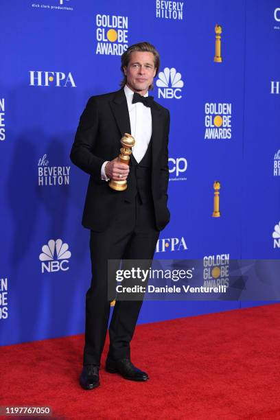 Brad Pitt poses in the press room during the 77th Annual Golden Globe Awards at The Beverly Hilton Hotel on January 05, 2020 in Beverly Hills,...