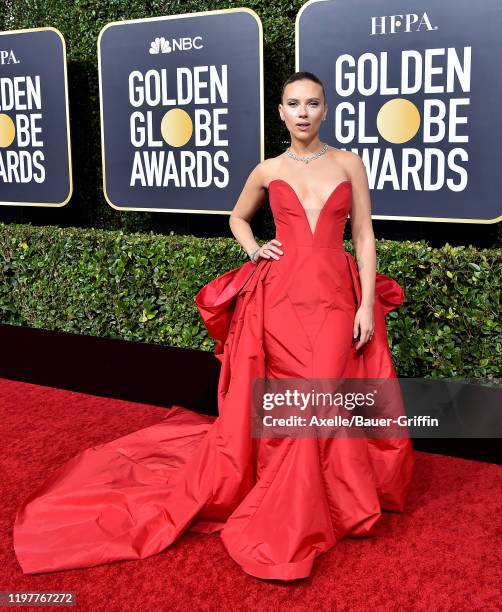Scarlett Johansson attends the 77th Annual Golden Globe Awards at The Beverly Hilton Hotel on January 05, 2020 in Beverly Hills, California.