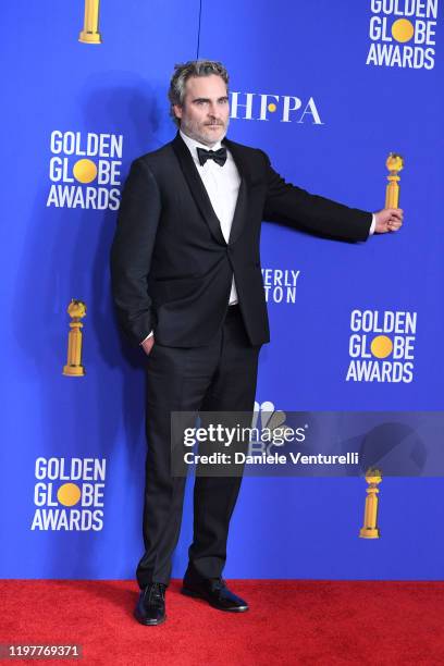 Joaquin Phoenix poses in the press room during the 77th Annual Golden Globe Awards at The Beverly Hilton Hotel on January 05, 2020 in Beverly Hills,...