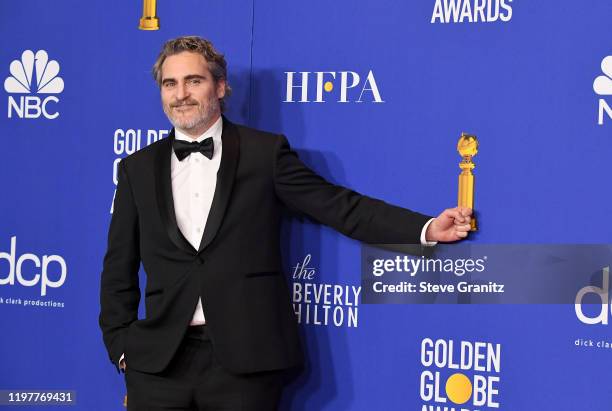 Joaquin Phoenix poses in the press room during the 77th Annual Golden Globe Awards at The Beverly Hilton Hotel on January 05, 2020 in Beverly Hills,...